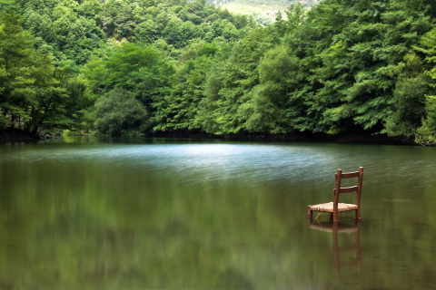 Обои Chair In Middle Of Pieceful Lake 480x320