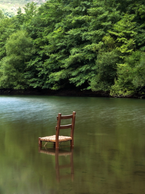 Chair In Middle Of Pieceful Lake wallpaper 480x640