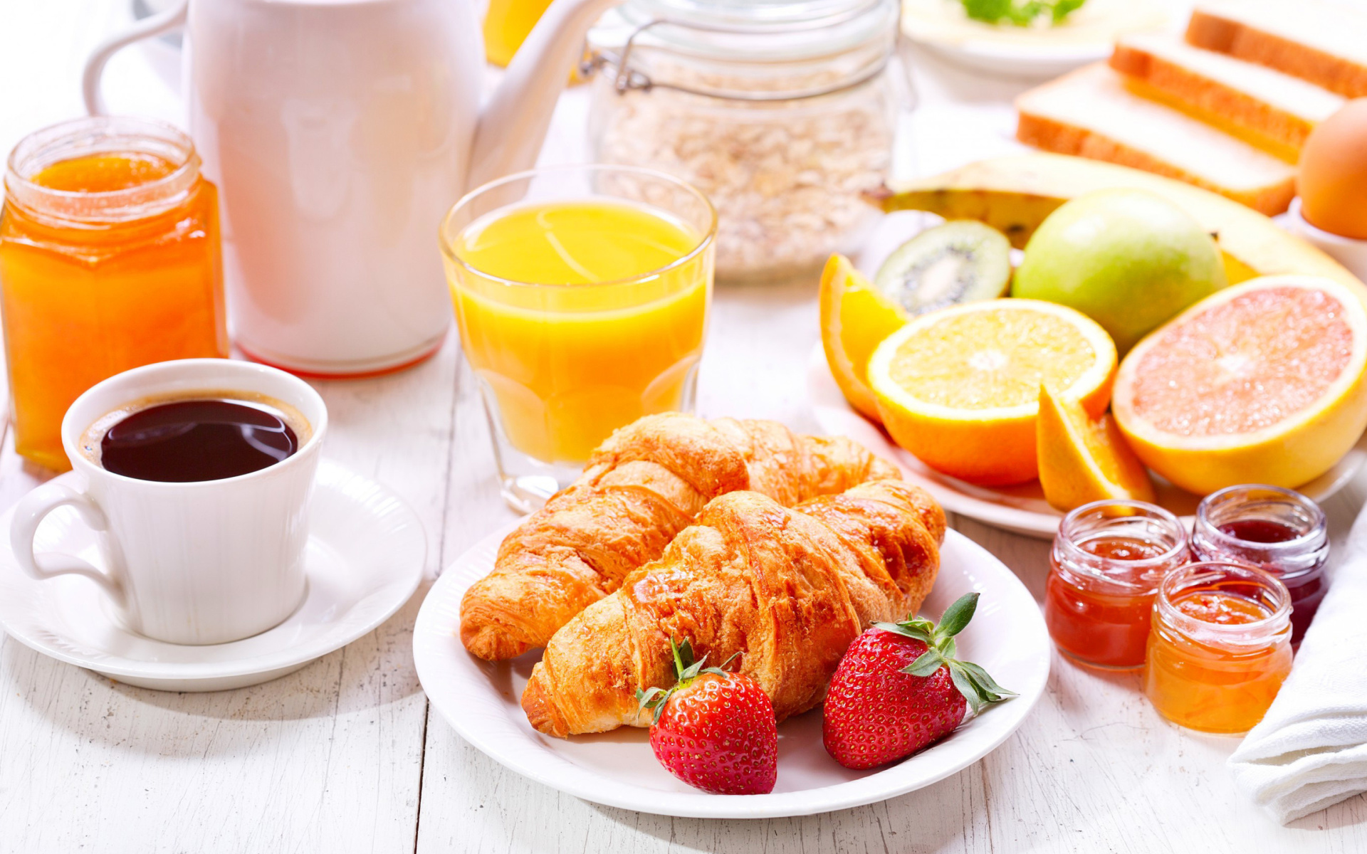 Обои Breakfast with croissants and fruit 1920x1200