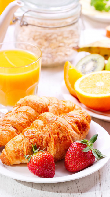 Breakfast with croissants and fruit wallpaper 360x640