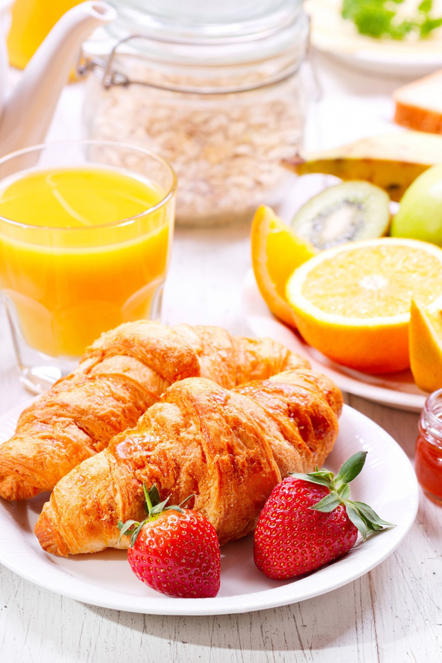 Breakfast with croissants and fruit wallpaper 640x960
