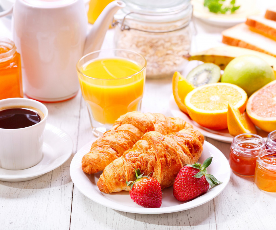 Breakfast with croissants and fruit wallpaper 960x800
