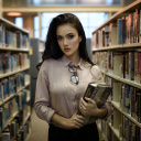Girl with books in library wallpaper 128x128