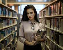 Обои Girl with books in library 220x176