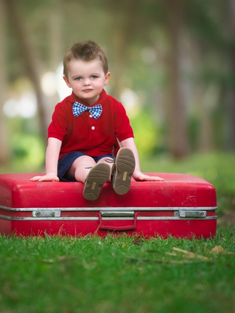 Das Cute Boy Sitting On Red Luggage Wallpaper 480x640