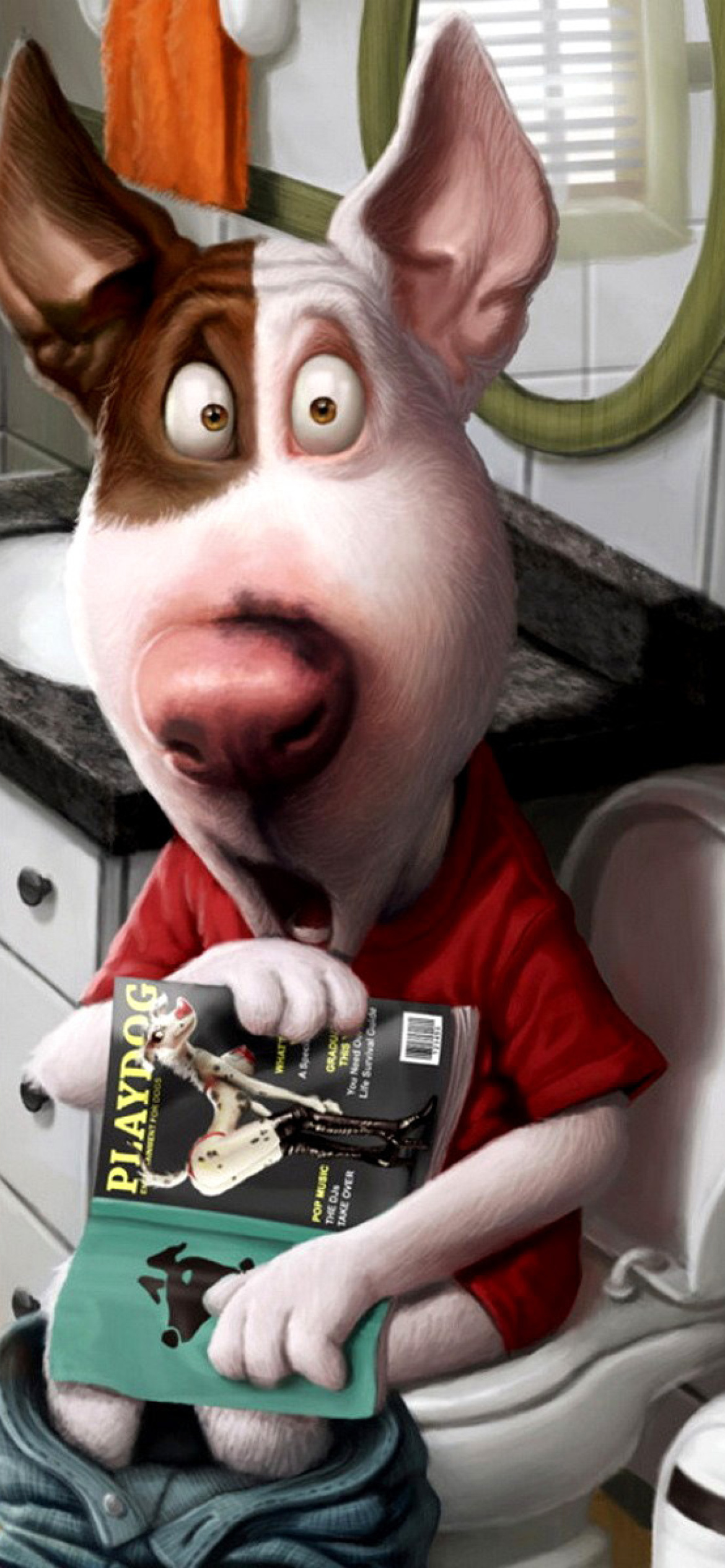 Comic Dog in Toilet with Magazine wallpaper 1170x2532