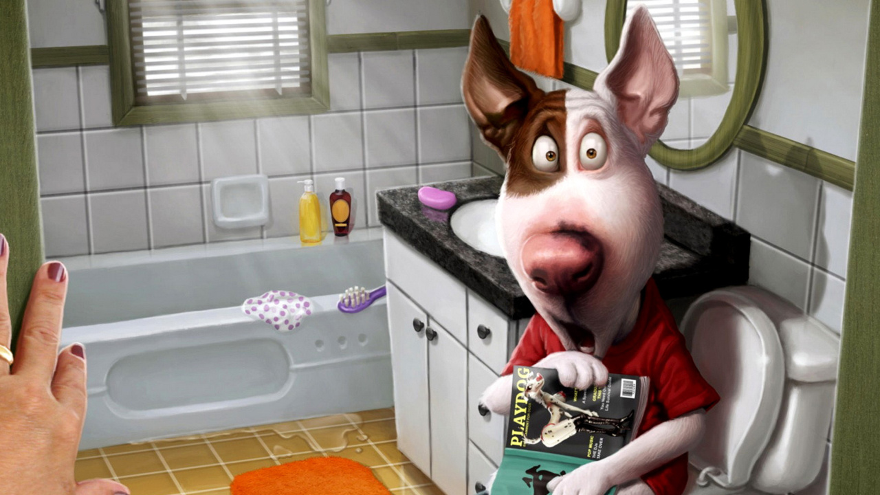 Fondo de pantalla Comic Dog in Toilet with Magazine 1280x720