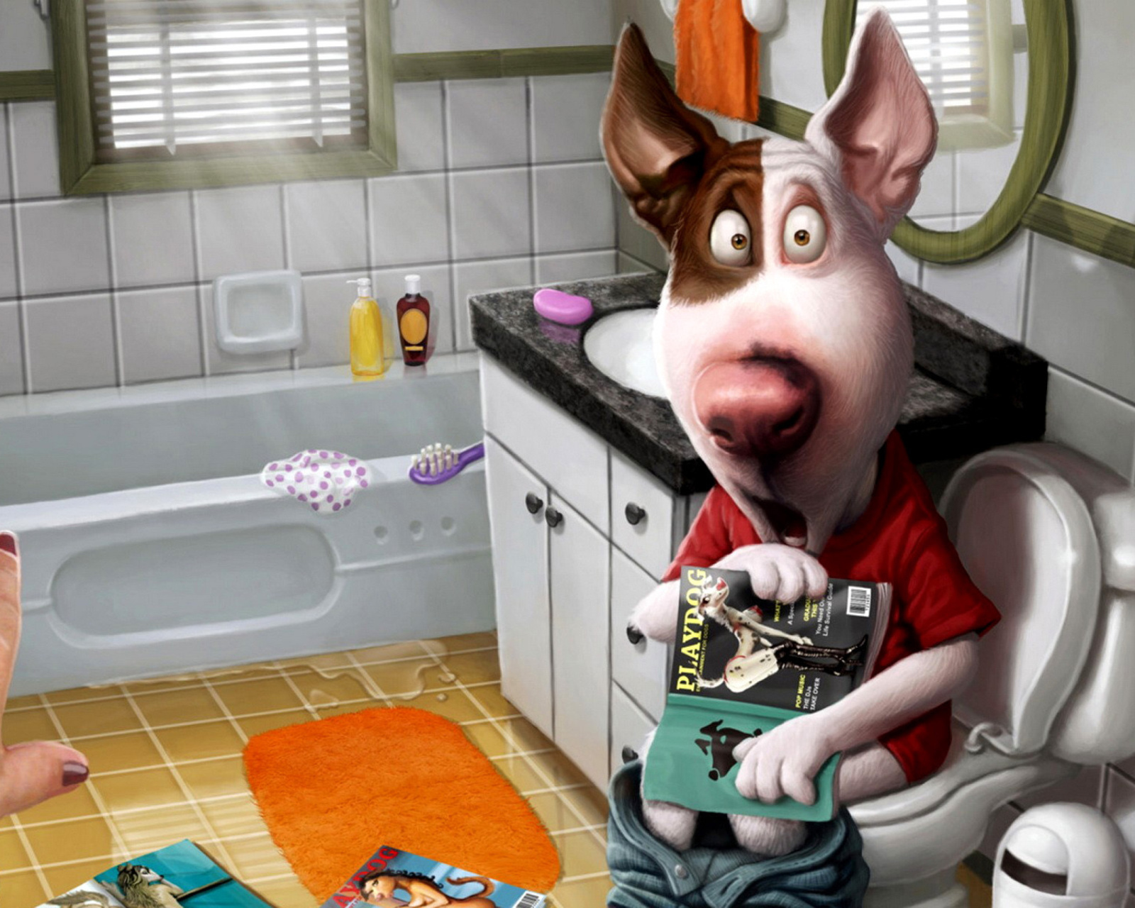 Comic Dog in Toilet with Magazine wallpaper 1600x1280