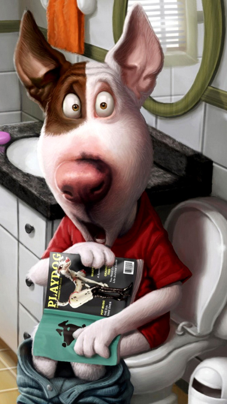Sfondi Comic Dog in Toilet with Magazine 750x1334