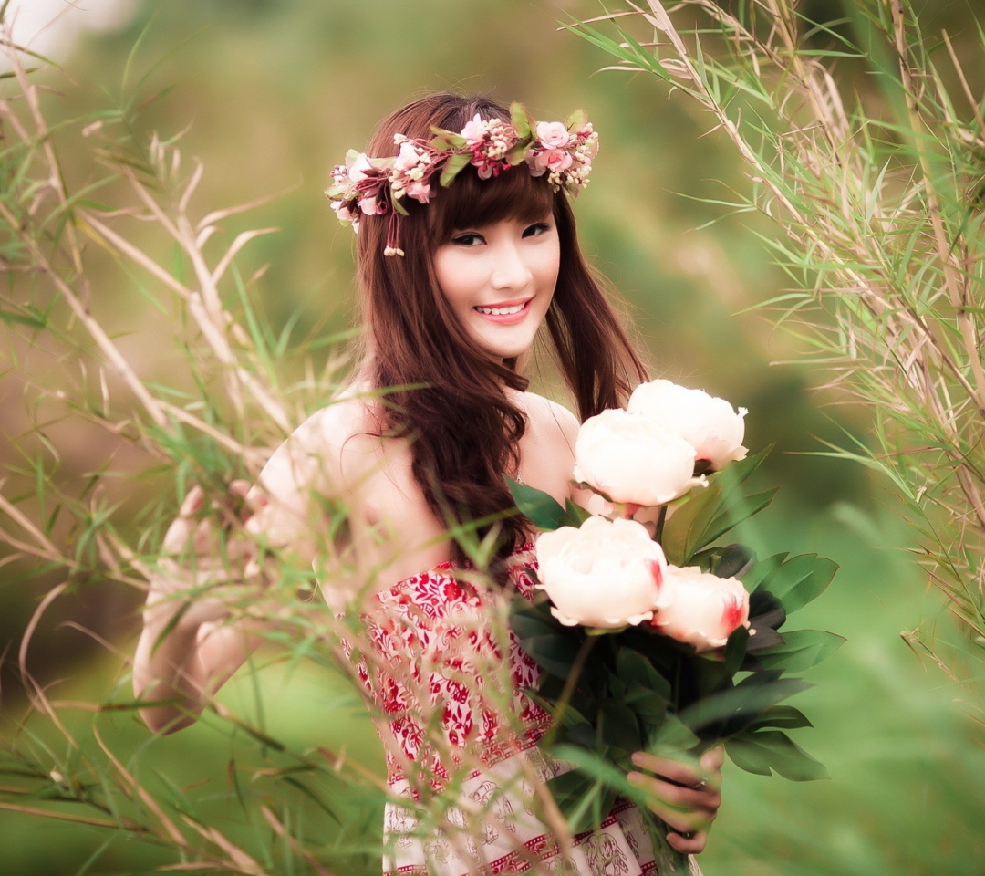 Das Cute Asian Flower Girl Wallpaper 1080x960