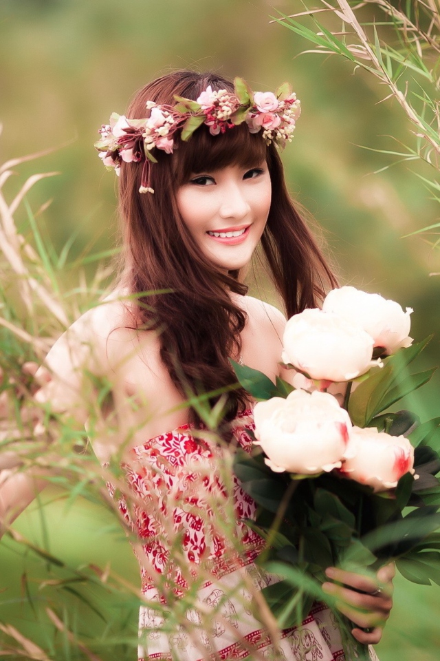 Cute Asian Flower Girl wallpaper 640x960