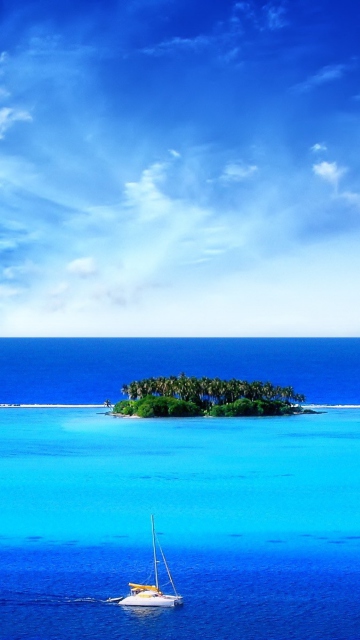Fondo de pantalla Green Island In Middle Of Blue Ocean And White Boat 360x640