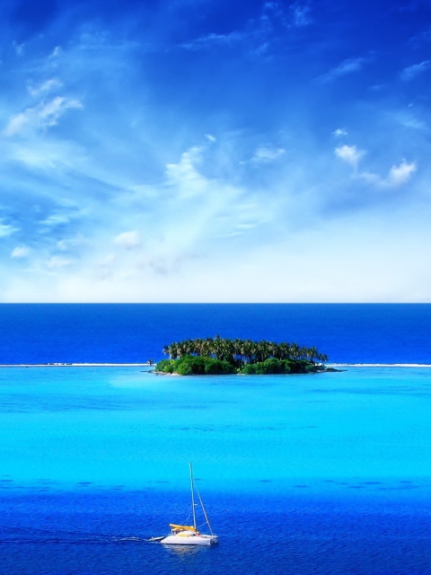 Sfondi Green Island In Middle Of Blue Ocean And White Boat 480x640