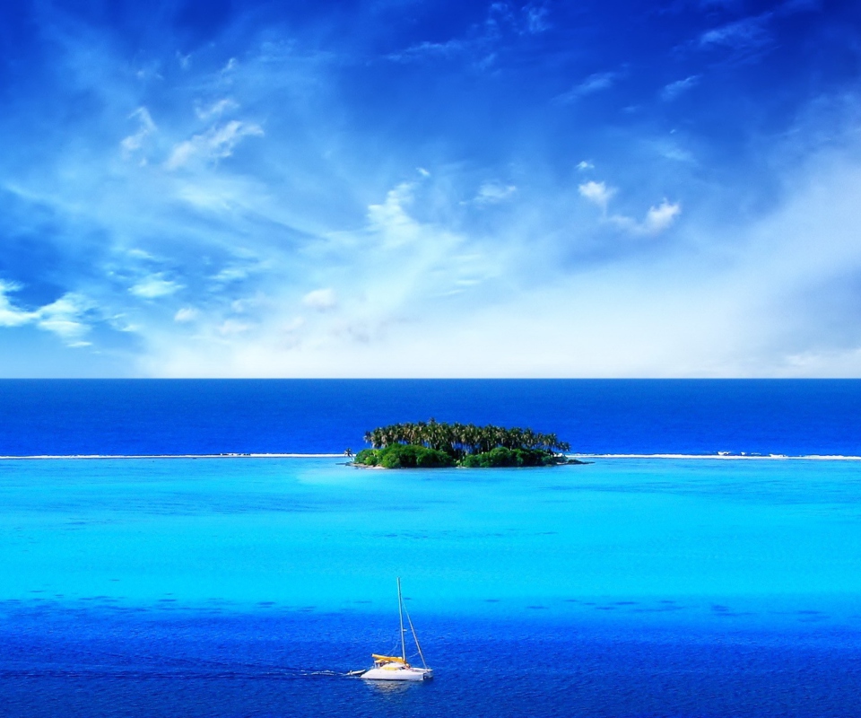 Green Island In Middle Of Blue Ocean And White Boat wallpaper 960x800