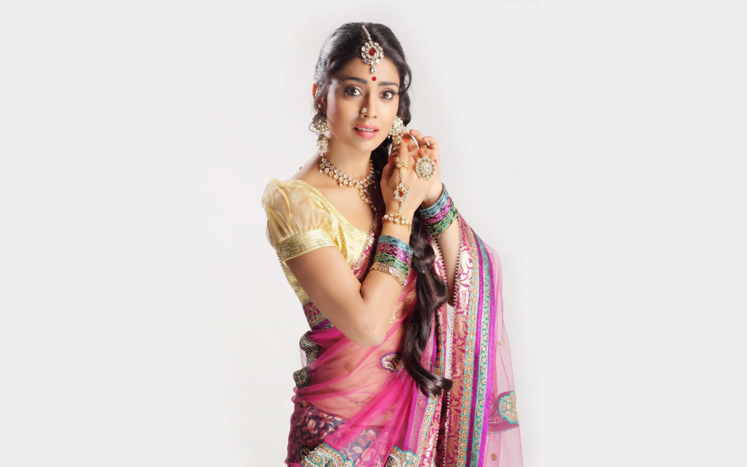 Обои Shriya Saran In Pink Saree 2560x1600