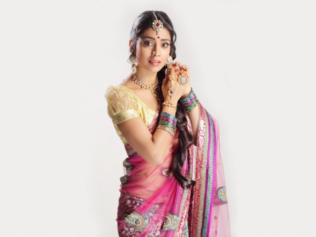 Sfondi Shriya Saran In Pink Saree 640x480