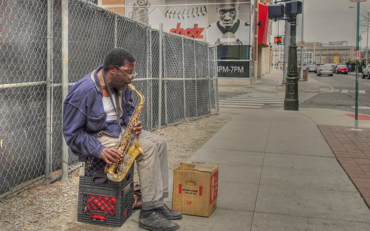 Sfondi Jazz saxophonist Street Musician 1280x800