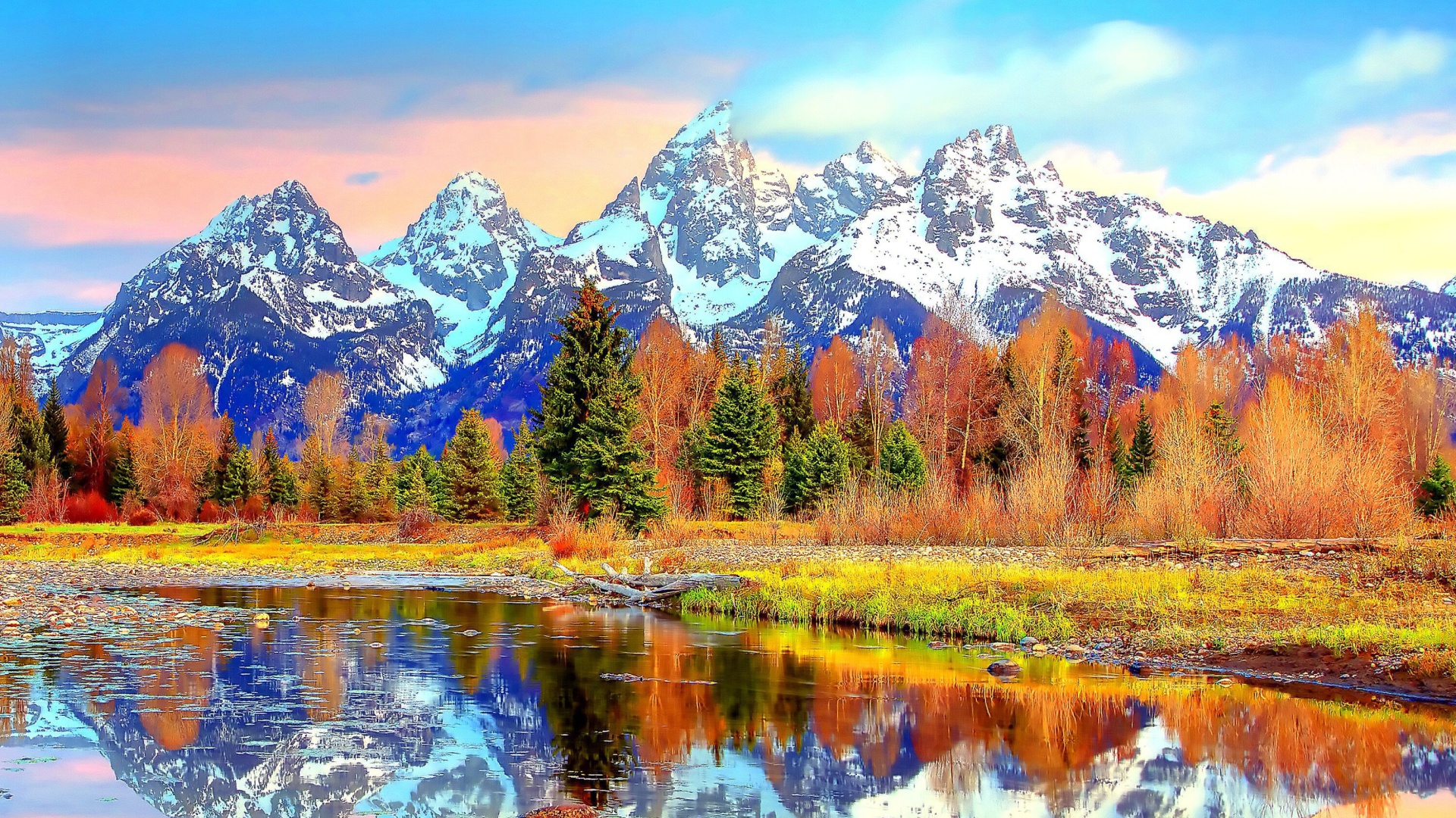 Lake with Amazing Mountains in Alpine Region wallpaper 1920x1080