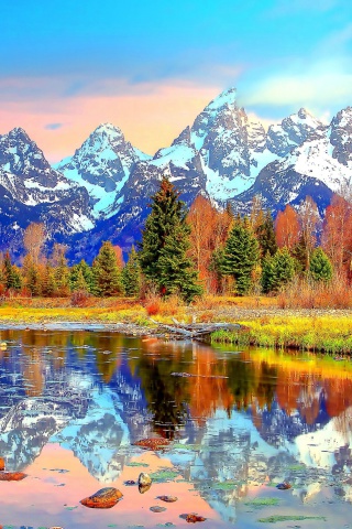 Fondo de pantalla Lake with Amazing Mountains in Alpine Region 320x480