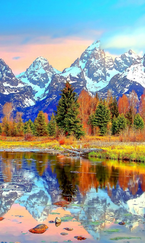 Lake with Amazing Mountains in Alpine Region wallpaper 480x800