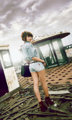 Обои Girl At Old Ship 240x400