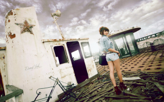 Girl At Old Ship Background for Android, iPhone and iPad