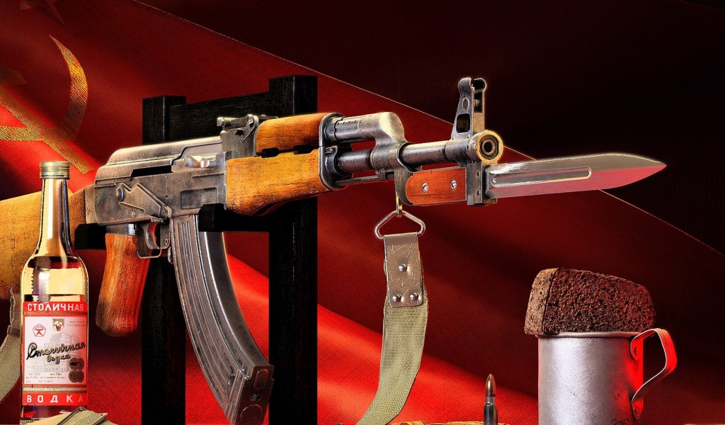 Das Ak 47 assault rifle and vodka Wallpaper 1024x600