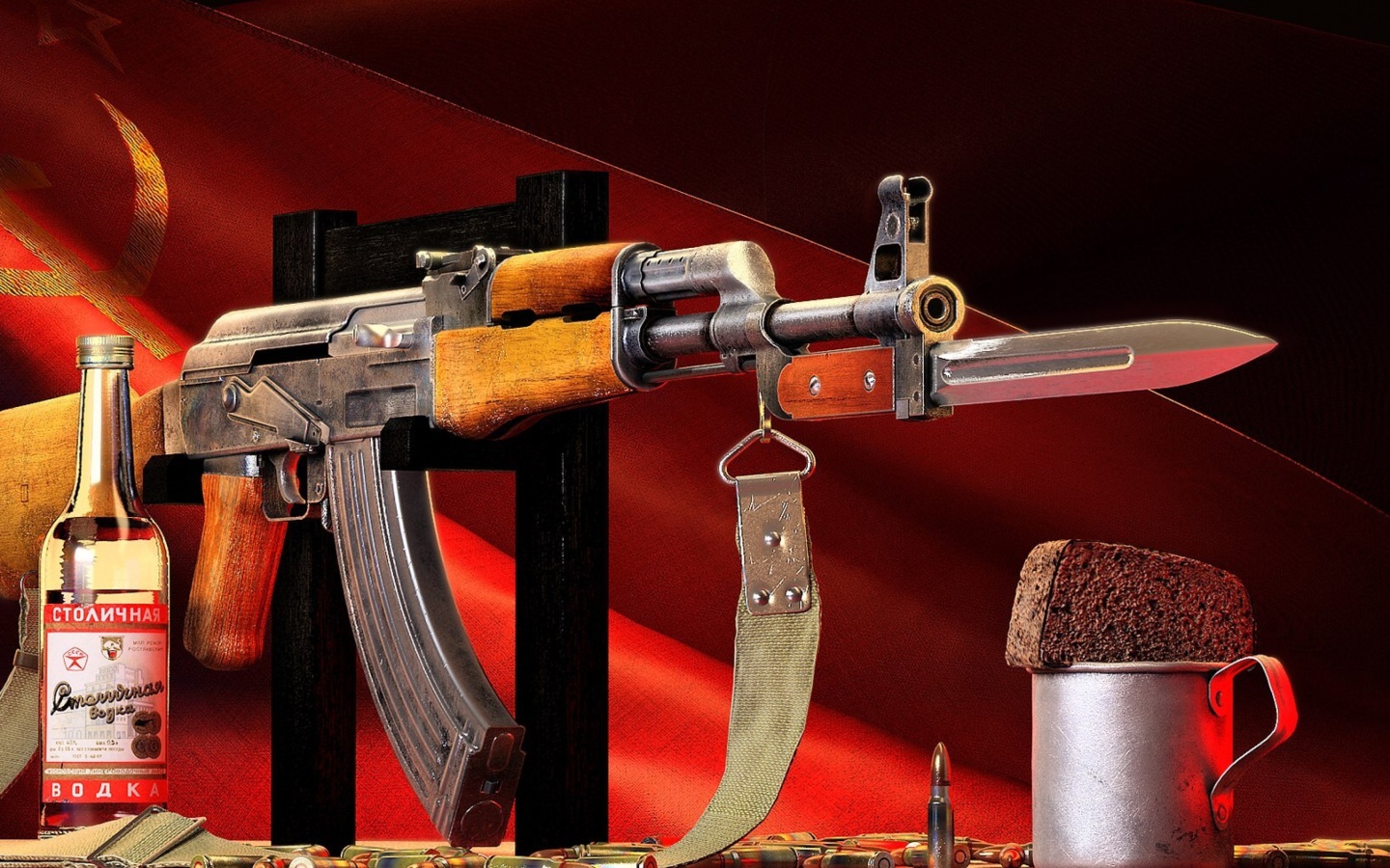 Ak 47 assault rifle and vodka wallpaper 1440x900