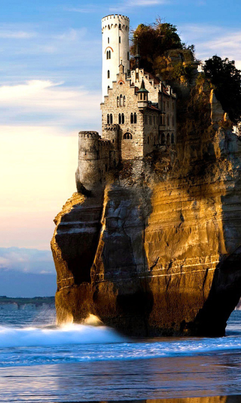 Yacht and Castle in Sea wallpaper 480x800