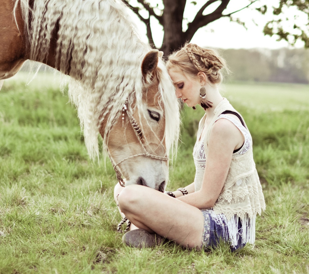 Обои Blonde Girl And Her Horse 1080x960