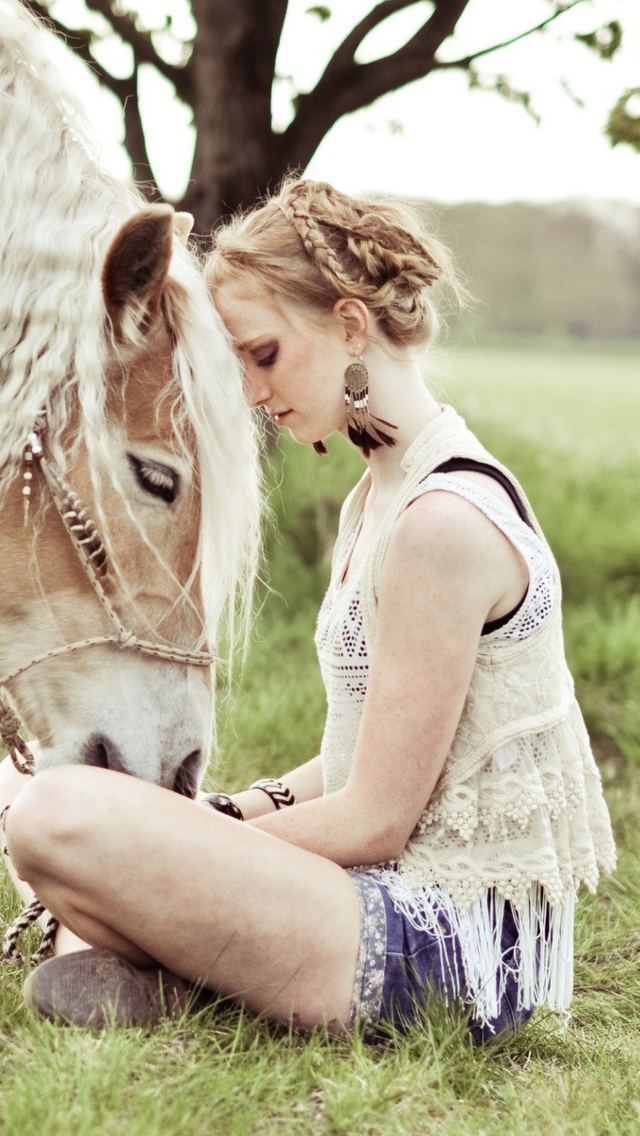 Blonde Girl And Her Horse wallpaper 640x1136