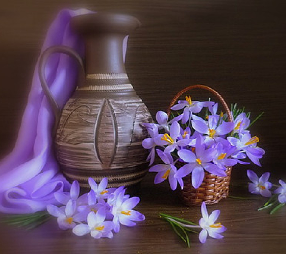 Das Vase And Purple Flowers Wallpaper 960x854