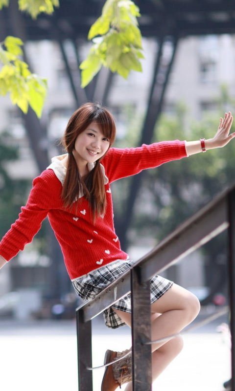 Обои Pretty Asian Girl In Red Jumper 480x800