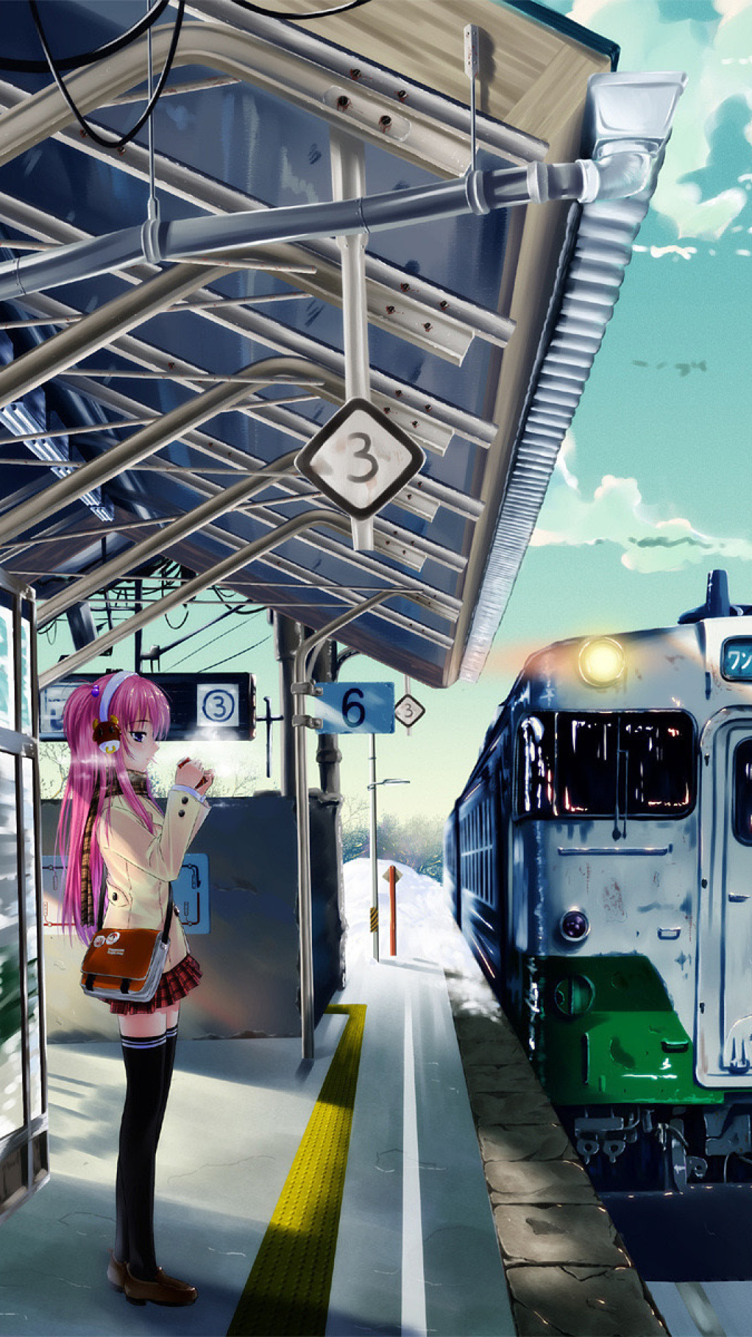 Обои Anime Girl on Snow Train Stations 1080x1920