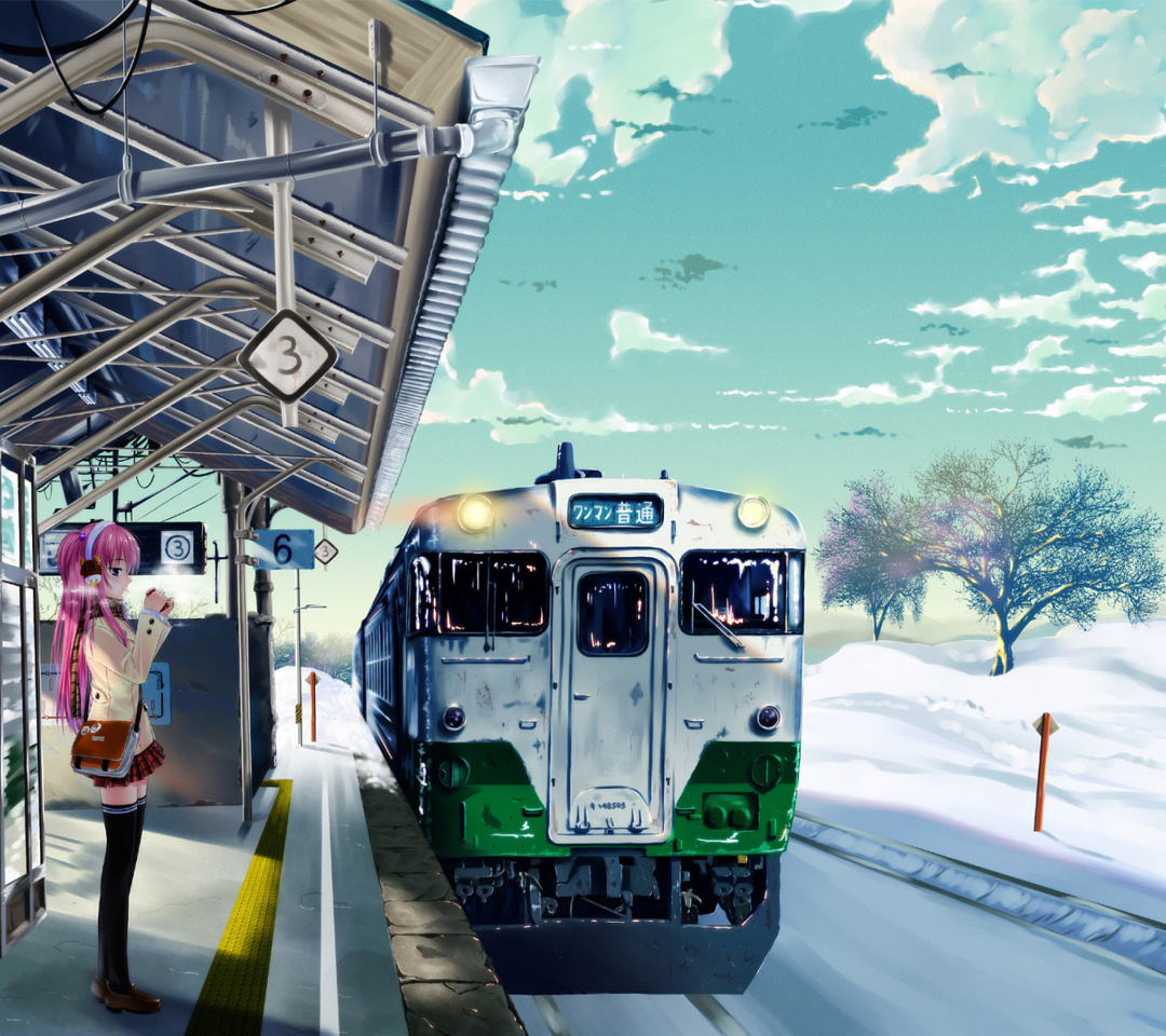 Обои Anime Girl on Snow Train Stations 1080x960