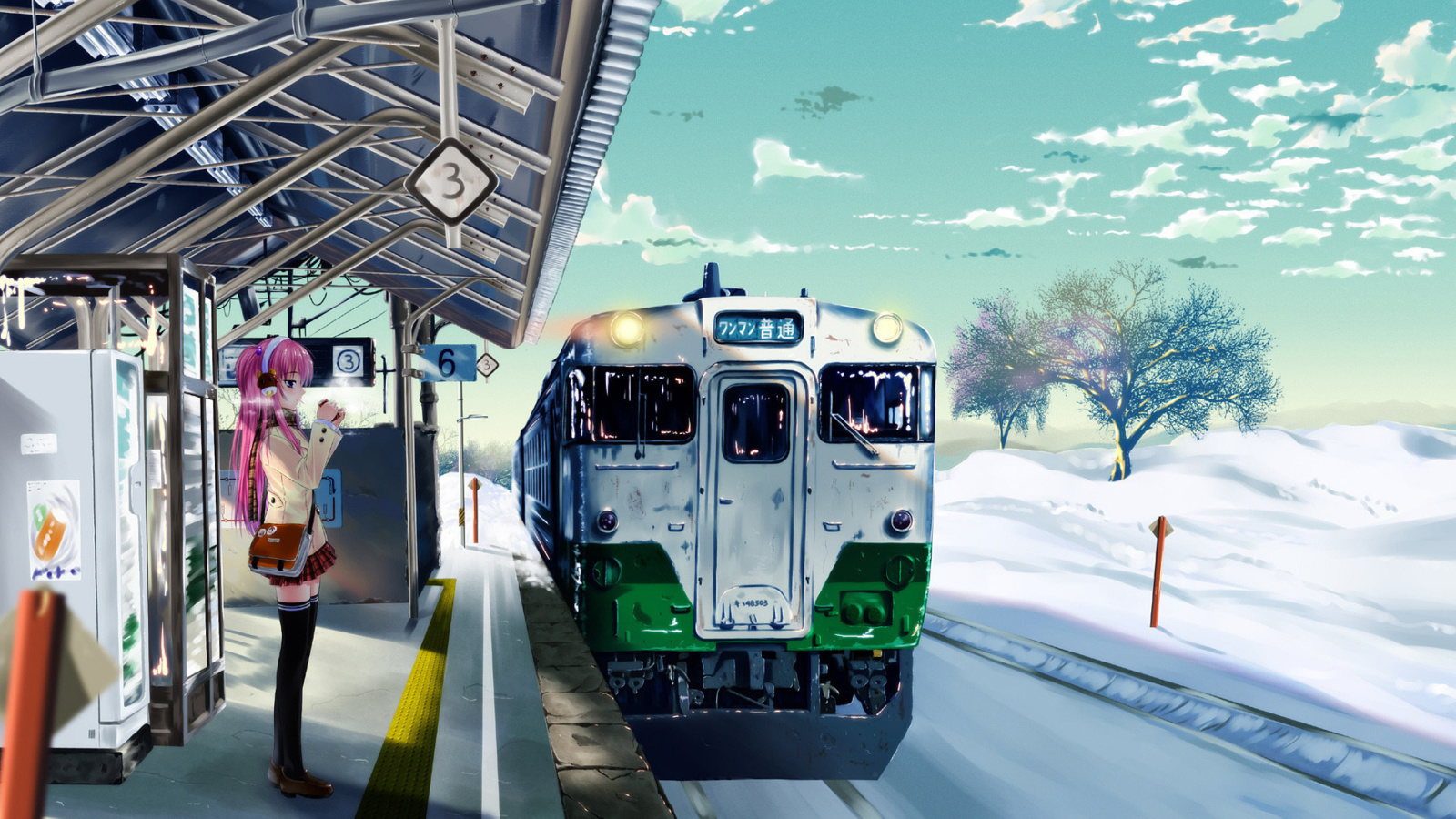 Обои Anime Girl on Snow Train Stations 1600x900