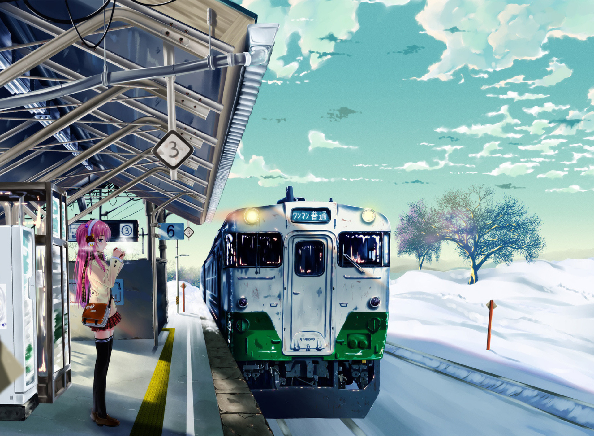 Обои Anime Girl on Snow Train Stations 1920x1408