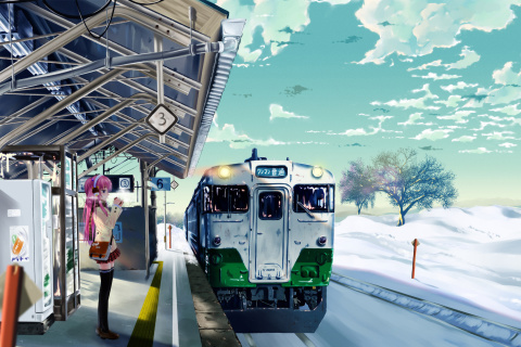 Anime Girl on Snow Train Stations wallpaper 480x320