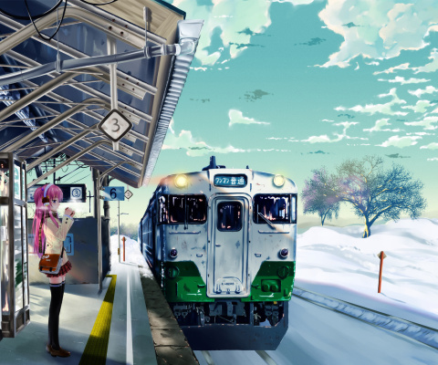 Das Anime Girl on Snow Train Stations Wallpaper 480x400