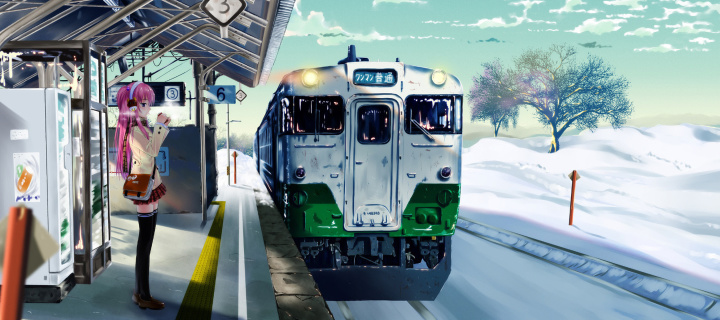 Das Anime Girl on Snow Train Stations Wallpaper 720x320