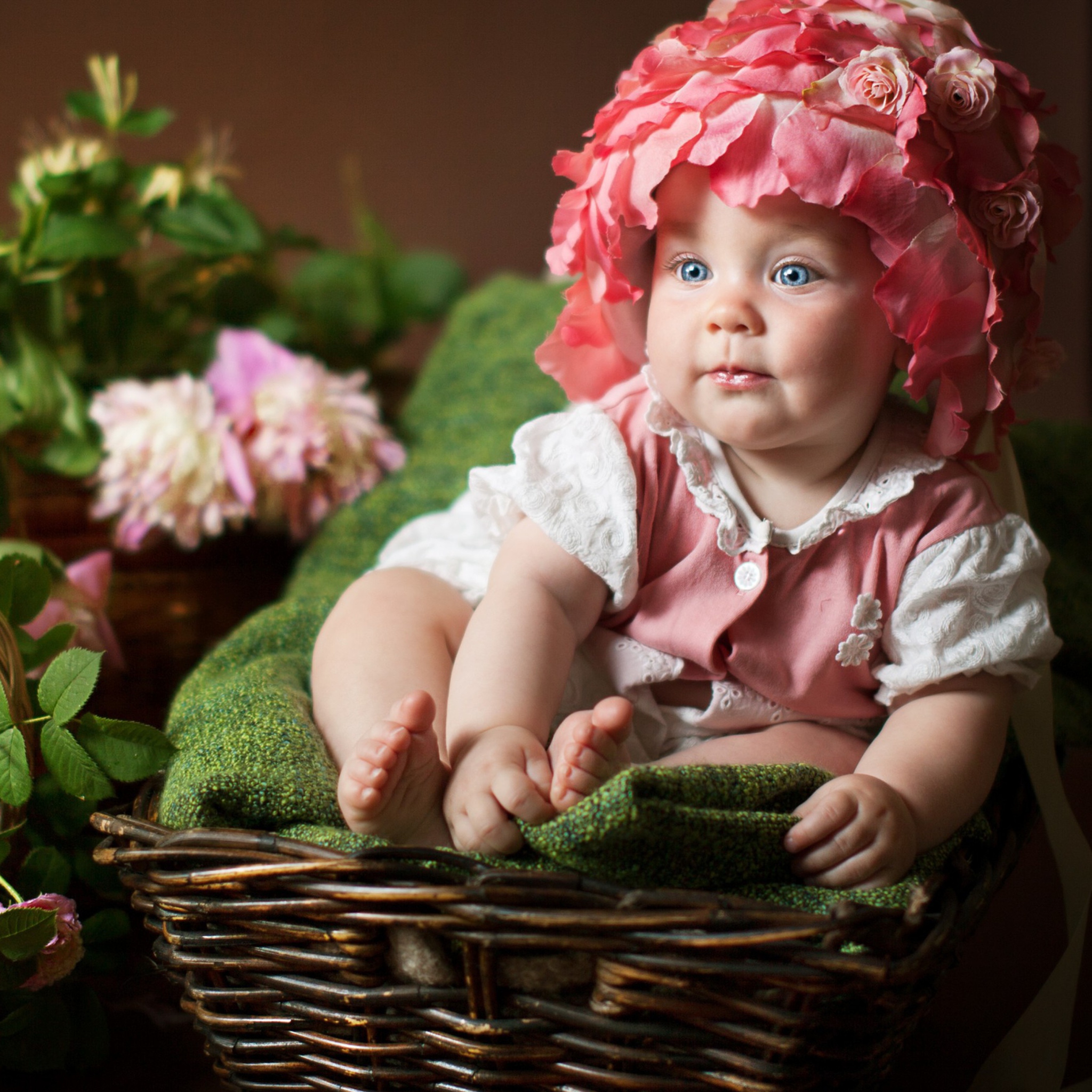 Das Cute Baby With Blue Eyes And Roses Wallpaper 2048x2048