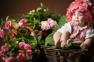 Cute Baby With Blue Eyes And Roses - Obrázkek zdarma 