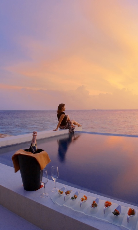 Maldives pool with girl wallpaper 480x800
