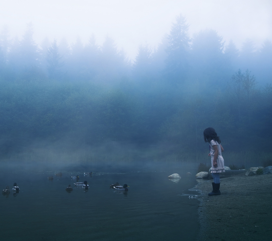 Обои Child Feeding Ducks In Misty Morning 1080x960