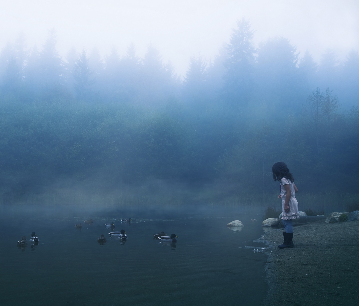Child Feeding Ducks In Misty Morning screenshot #1 1200x1024
