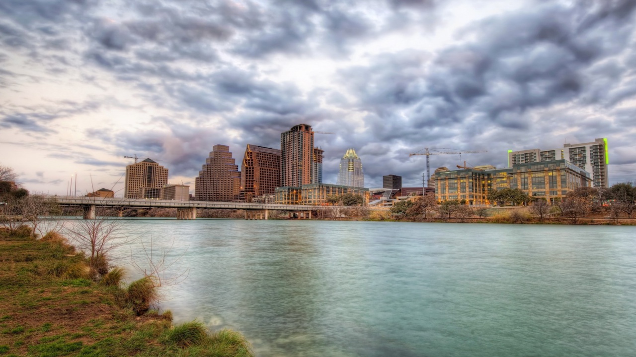 Sfondi USA Sky Rivers Bridges Austin TX Texas Clouds HDR 1280x720