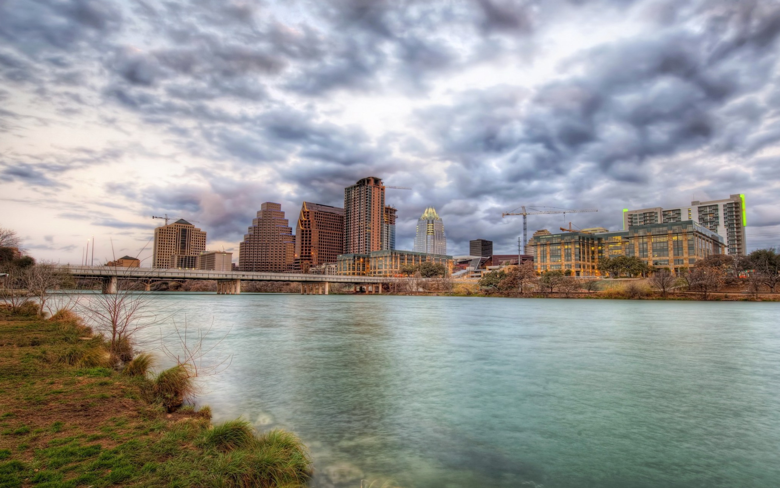 Sfondi USA Sky Rivers Bridges Austin TX Texas Clouds HDR 2560x1600