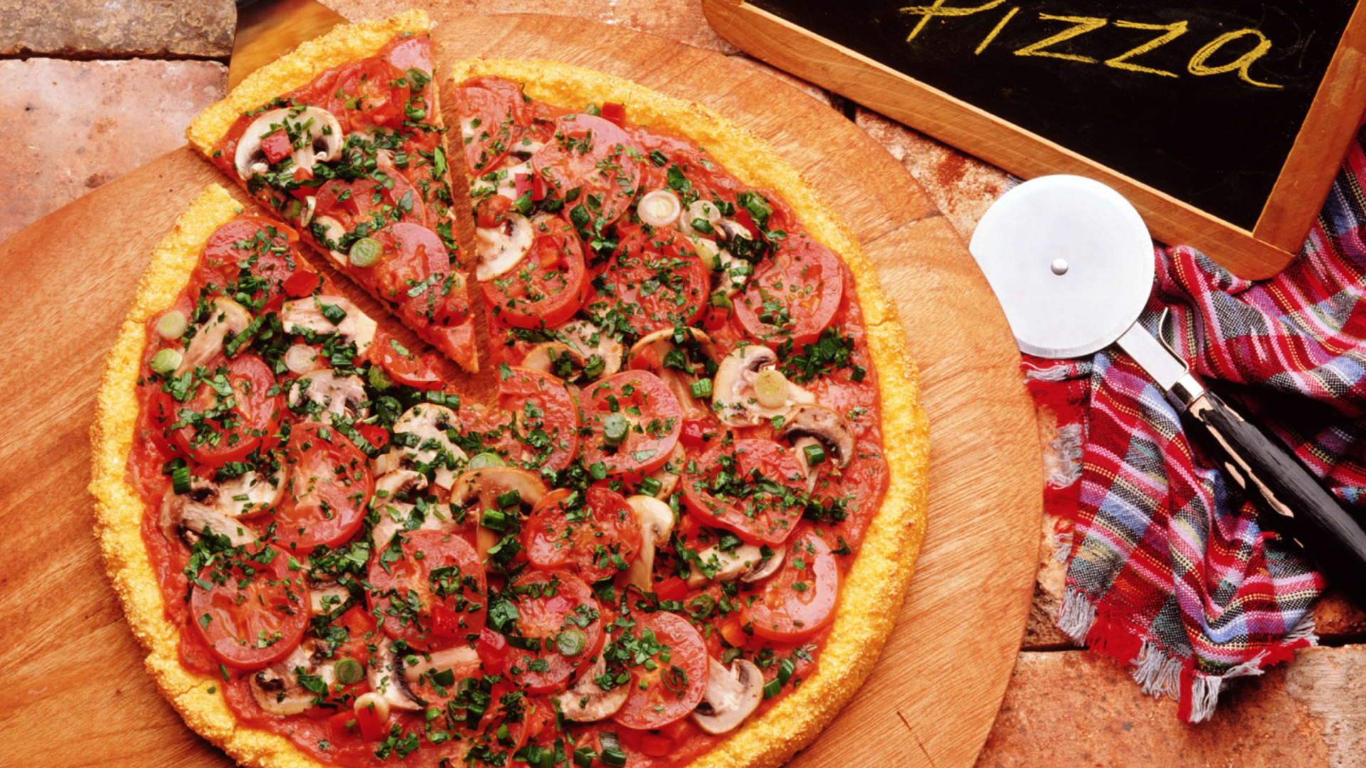 Pizza With Tomatoes And Mushrooms wallpaper 1920x1080