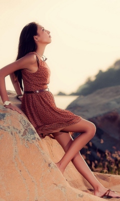 Das Brunette Girl Posing On Rocks Wallpaper 240x400