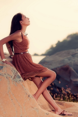 Das Brunette Girl Posing On Rocks Wallpaper 320x480